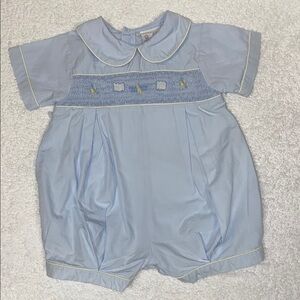 Vintage small estates smocked Light Blue Baby bubble Romper with airplanes 12m